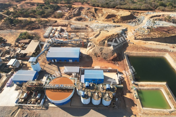 Aerial view of a gold CIL processing plant with leach tank train and thickener
